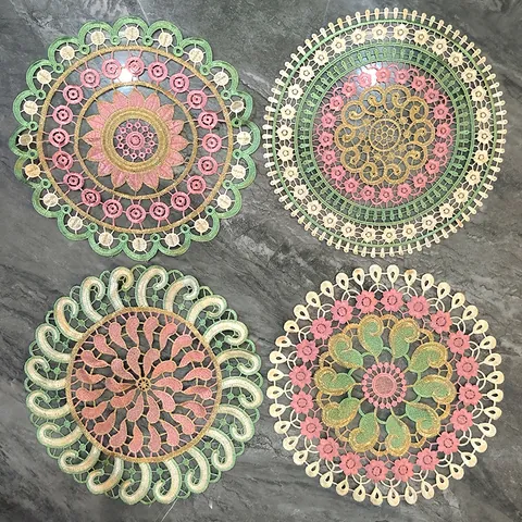 Round Placemat Colorful Hollow Lace Coaster Embroidered 3D Floral Table Mat Decorative Tableware Dining Room Decoration Pad