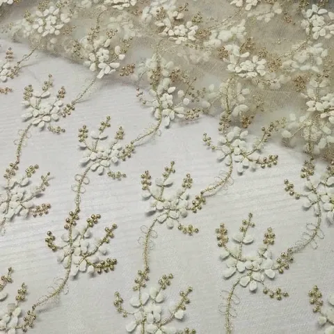 Water Soluble Lace Fabric Floral Embroidery White Gold Double Layer Floating Flower Wedding Dress Material Polyester Nylon Trim