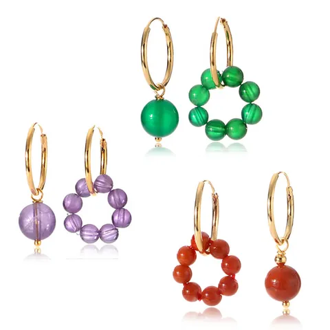 Boucles d'Oreilles Pendantes en Agate Asymétrique pour Femme Boucles d'Oreilles Créoles en Pierre Naturelle Plaquées Or Vintage