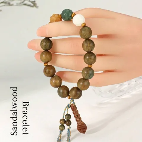 Pulsera Étnica de Cuentas Budistas de Sándalo Verde Cuentas de Oración de Madera Natural Colgante de Borla para Mujeres Hombres Meditación