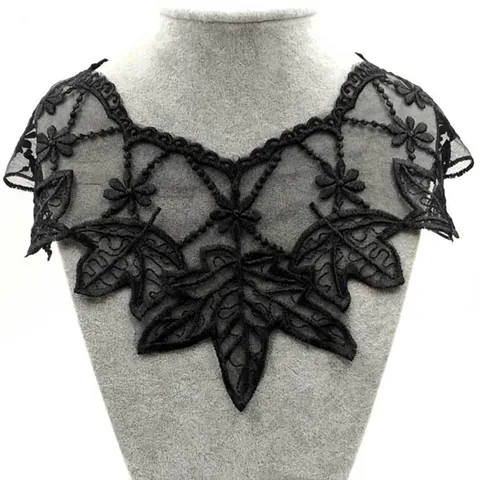 Black Water Soluble Lace Embroidered Fake Collar Polyester Floral Leaf Embroidery Neckline Patch For Women Clothing DIY Accessory