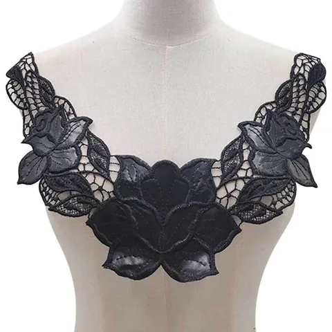Water Soluble Lace False Collar PU Leather Patch Embroidery 3D Hollow Rose Floral Clothing Accessories For Women DIY Decor