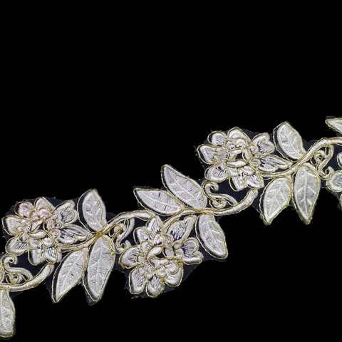 White Gold Cordonnet Embroidered Lace Trim Organza Floral Ribbon For DIY Sewing Wedding Dress Women Clothing Decor