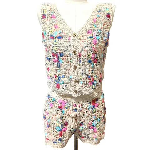 Women Bohemian Embroidered Hollow Out Knit Top And Bottom Summer Sweet Floral Tank Top Shorts