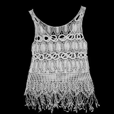 Sexy Cotton Hollow Out Lace Vest Women Sleeveless Embroidered Tassel Tank Top Crochet Beach Bikini Cover Up