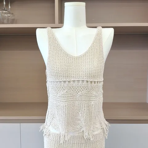 Set in Maglia da Donna Vintage All'Uncinetto con Gilet a Camisole e Gonna a Linea A con Nappe Stile Bohémien Estate