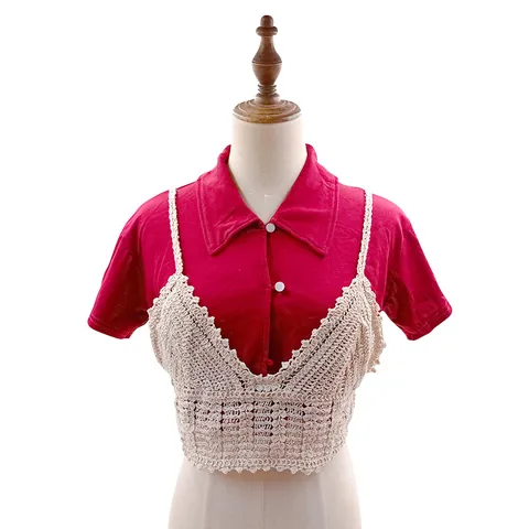 Top Cami da Donna Dolce Uncinetto a Mano in Cotone Pizzo Tinta Unita Traforato Bordo a Festone Scollo a V Corto per Vacanze