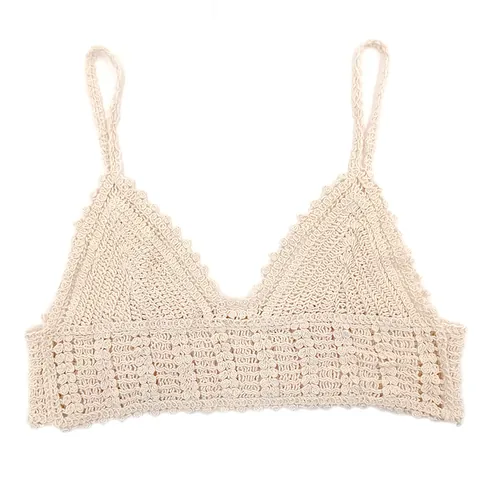 Top Cami da Donna Dolce Uncinetto a Mano in Cotone Pizzo Tinta Unita Traforato Bordo a Festone Scollo a V Corto per Vacanze