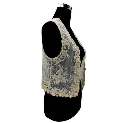 Women Sweet Cotton Lace Vest Top Hollow Out Embroidered V-Neck Open Front Sleeveless Floral Butterfly Outerwear Beachwear Cover Up