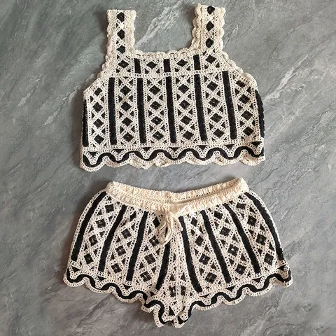Women Hollow Out Crochet Knit Top And Bottom Cotton Floral Embroidered Sleeveless Cami Shorts Set Bohemian Summer Clothes