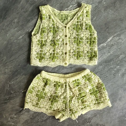 Women Bohemian Embroidered Hollow Out Knit Top And Bottom Summer Sweet Floral Tank Top Shorts