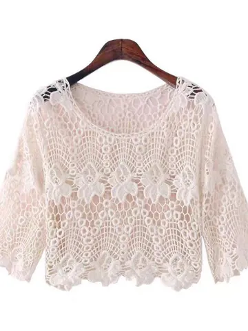 Women Korean Style Hollow Out Crochet Knit Top White Lace Floral Pattern Short Sleeve Summer Cover Up Casual Sun Protection Blouse