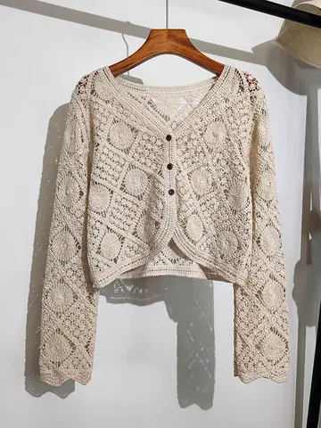 Bohemian Women Crochet Hollow Out Cardigan Short Sun Protection Top Cotton Embroidery V-Neck Long Sleeve Open Front Cardigan Jacket