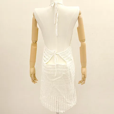 Women's Sexy Crochet Cotton Beach Cover-Up Dress Halter V-Neck Hollow Out Bikini Sun Protection Mini Dress For Vacation