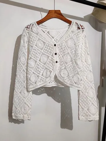 Bohemian Women Crochet Hollow Out Cardigan Short Sun Protection Top Cotton Embroidery V-Neck Long Sleeve Open Front Cardigan Jacket