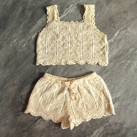 Women Hollow Out Crochet Knit Top And Bottom Cotton Floral Embroidered Sleeveless Cami Shorts Set Bohemian Summer Clothes