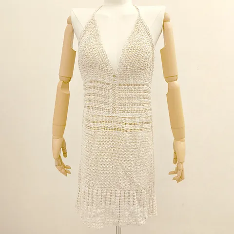 Women's Sexy Crochet Cotton Beach Cover-Up Dress Halter V-Neck Hollow Out Bikini Sun Protection Mini Dress For Vacation