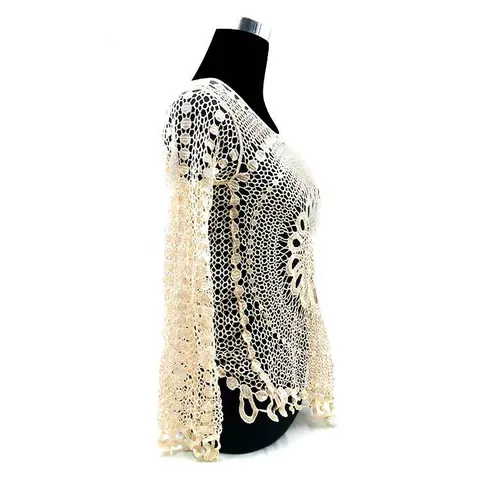 Women Cotton Hollow Lace Top Long Sleeve Crochet Beach Cover Up Boho Floral Sheer Blouse Bikini Smock Sexy Summer Clothing
