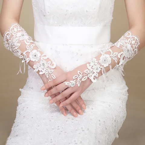 Guanti da Sposa in Pizzo Retro Coreano Lungo con Passante per Dito Stringati Strass per Fotografia di Matrimonio Lolita Accessorio Donna