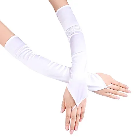 Elegante Damen Lange Satin Brauthandschuhe Fingerlos mit Fingerschlaufe Armstulpen Für Hochzeit Party Abendkleid Zubehör