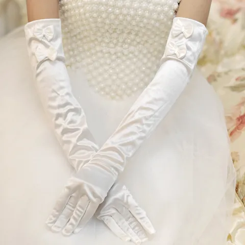 Retro Elegant Long Satin Wedding Bridal Gloves For Women White Black Red Bow Decor Formal Evening Party Dress Gloves