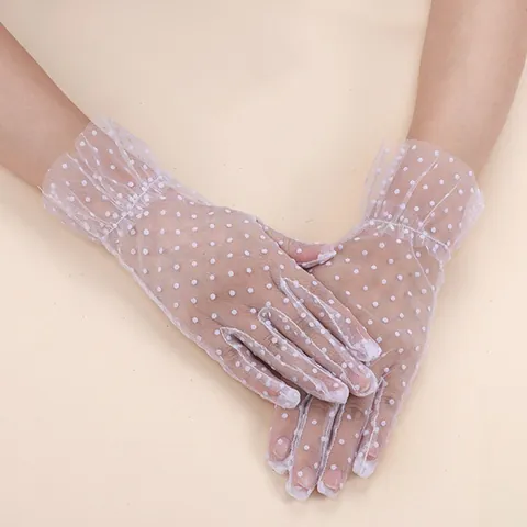 Elegant Mesh Flocked Polka Dot Gloves With Ruffled Lace Edge Vintage Short Full Finger Gloves For Women Bridal Wedding Costume