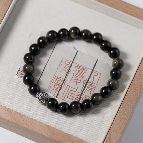 925 Sterling Silver Obsidian Bracelet For Women Fresh Sweet Ins Style Small Design Thai Silver Golden Obsidian Beaded Bracelet