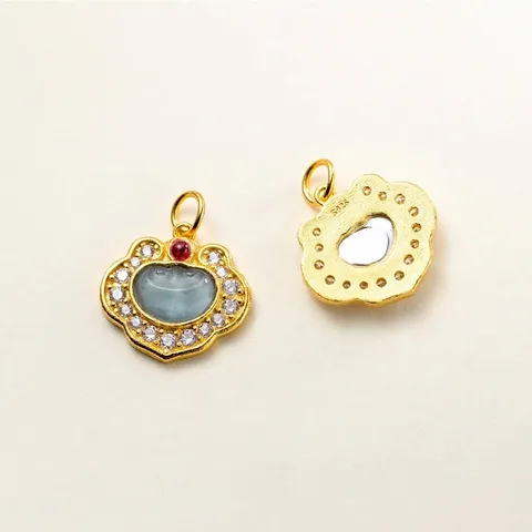 925 Sterling Silver Gold Plated Jade Ruyi Lock Pendant Micro Inlaid Rhinestone Fine Jewelry Making Accessory For Bracelet DIY Hanging Ornament