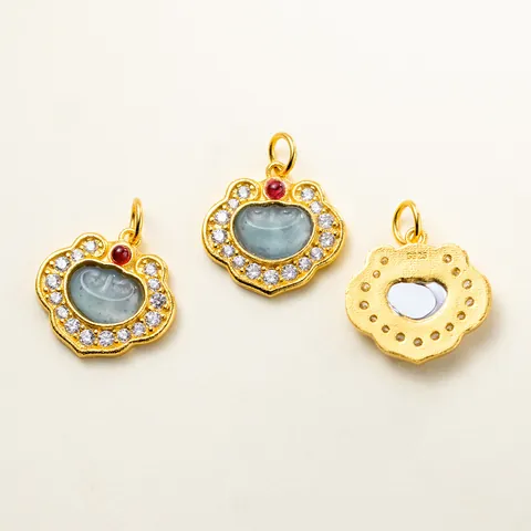 925 Sterling Silver Gold Plated Jade Ruyi Lock Pendant Micro Inlaid Rhinestone Fine Jewelry Making Accessory For Bracelet DIY Hanging Ornament