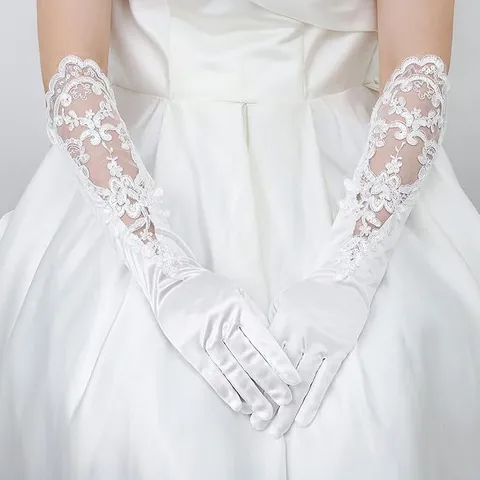 Guantes de Novia de Satén Largo Elegante Con Bordado de Encaje Floral Y Lentejuelas Guantes de Vestido de Novia Blancos