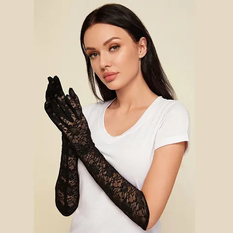 Guanti Lunghi in Pizzo da Donna Accessorio per Matrimonio Abito da Sera Retrò Sexy Rete Floreale Elegante Tessitura Nero Bianco Rosso