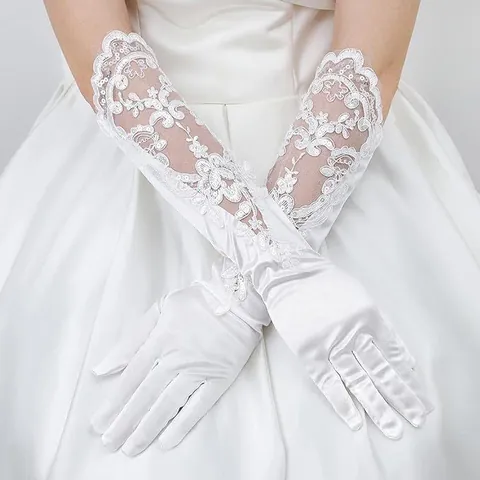 Guantes de Novia de Satén Largo Elegante Con Bordado de Encaje Floral Y Lentejuelas Guantes de Vestido de Novia Blancos
