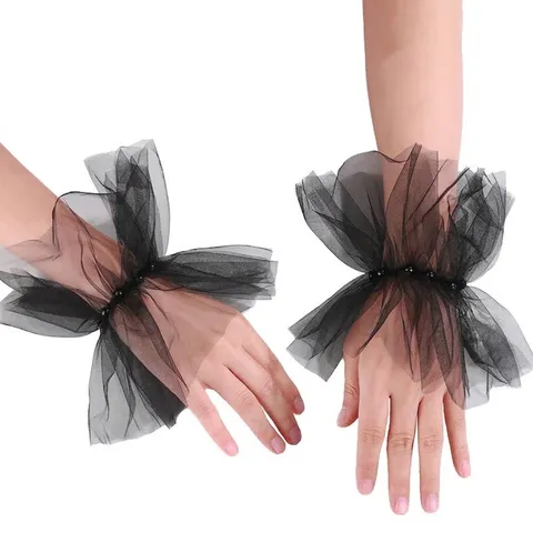 Poignets de Manches en Maille pour Femmes Bracelets en Tulle à Perles et Volants Accessoires de Mariage Gothique Lolita