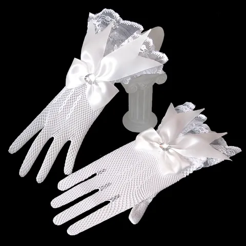 Elegant Bridal Wedding Gloves Lace Fishnet Knit Mesh Gloves With Satin Bow Heart Rhinestone Elastic Evening Party Gloves For Women