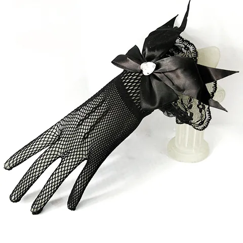Elegant Bridal Wedding Gloves Lace Fishnet Knit Mesh Gloves With Satin Bow Heart Rhinestone Elastic Evening Party Gloves For Women