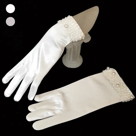 Women's Wedding Gloves Short White Satin Finger Gloves With Artificial Pearl Beaded Cuff Elastic Bridal Party Formal Gloves