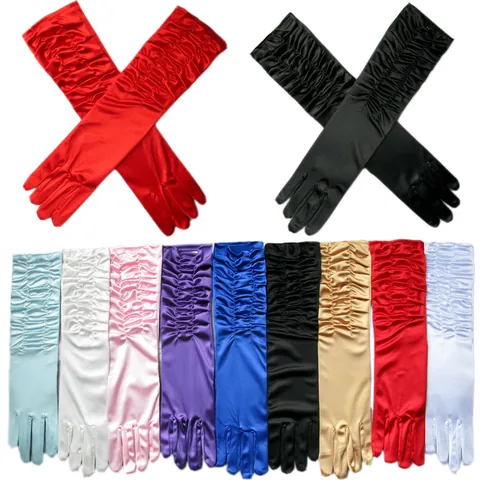 Vintage Pleated Long Satin Gloves For Wedding Party Women Full Finger Bridal Bridesmaid Evening Dress Accessory