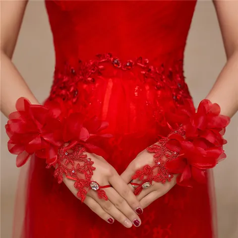Gants de Mariage Élégants Vintage en Dentelle et Maille Avec Fleurs en Mousseline 3D Strass Gants Courts sans Doigt Femme