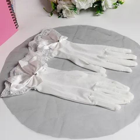 Eleganti Guanti da Sposa in Pizzo e Rete Con Fiocco in Raso e Strass Guanti Corti da Matrimonio per Donna Festa Lolita