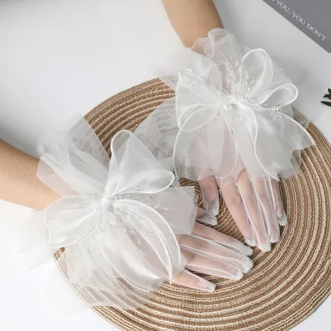 Guanti da Sposa Corti in Rete Stile Coreano con Fiori di Perline Lolita Accessori per Matrimonio Decorazione con Fiocco S195