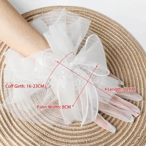 Guanti da Sposa Corti in Rete Stile Coreano con Fiori di Perline Lolita Accessori per Matrimonio Decorazione con Fiocco S195