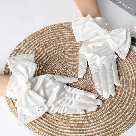 Guanti da Sposa in Raso da Donna Corti Doppio Fiocco Perla Artificiale Strass Vintage Elegante Guanti da Sera Formali