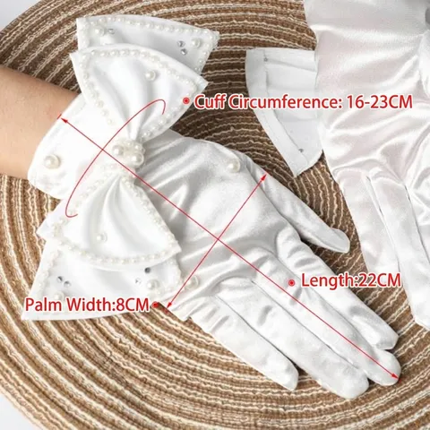 Guanti da Sposa in Raso da Donna Corti Doppio Fiocco Perla Artificiale Strass Vintage Elegante Guanti da Sera Formali