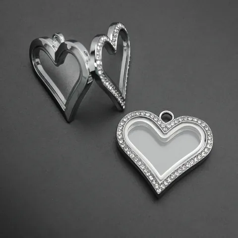 Heart Locket Alloy Rhinestone Openable Glass Living Memory Locket Pendant Magnetic Floating Charm Pendant For Necklace Jewelry Making