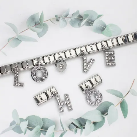 Italian Charms Modular Bracelet Links DIY Jewelry Making Alphabet Letter Heart Star Pendants Zinc Alloy Rhinestone Charm