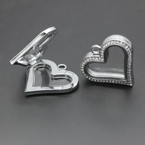 Heart Locket Alloy Rhinestone Openable Glass Living Memory Locket Pendant Magnetic Floating Charm Pendant For Necklace Jewelry Making
