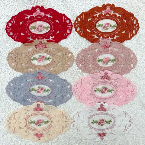 Vintage European Oval Lace Embroidered Coaster Rose Floral Hollow-out Table Mat Heat Resistant Fabric Home Decor Place Mat