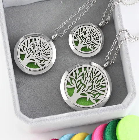 Stainless Steel Aromatherapy Essential Oil Diffuser Pendant Necklace Hollow Tree Of Life Rhinestone Jewelry For Women Men