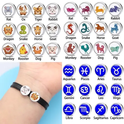 Legierung Gleit-Charms Tierkreis Sternbild Cartoon-Muster Runde Perlen Für DIY Armband Armreif Schmuckherstellung Zubehör