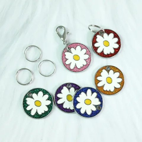 White Daisy Pet ID Tag Alloy Glitter Anti-lost Identity Name Plate For Dogs Cats Round Pattern Pendant Pet Accessory For Collar